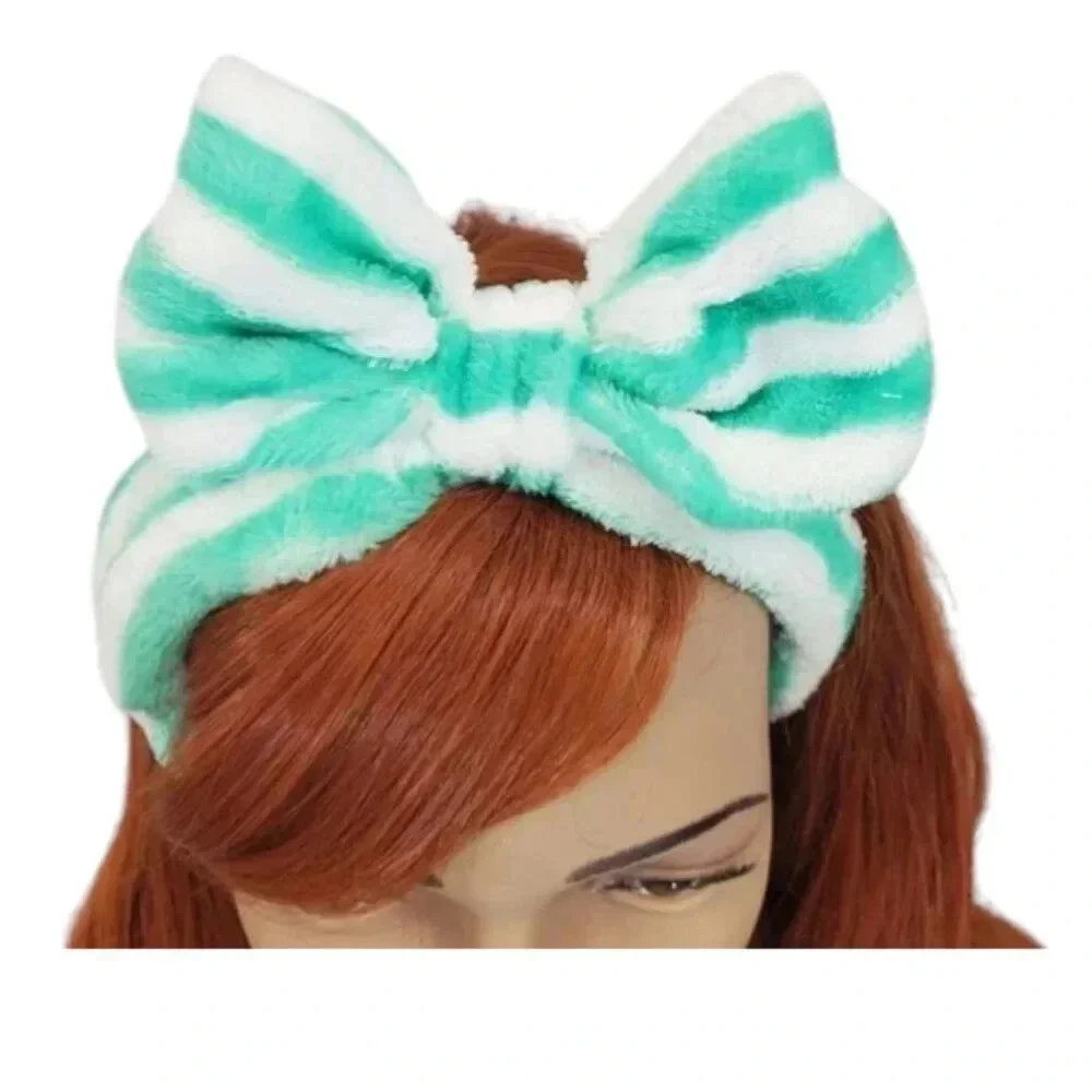 Green and White Stripe Super Plush Elastic Bow Spa Headband.